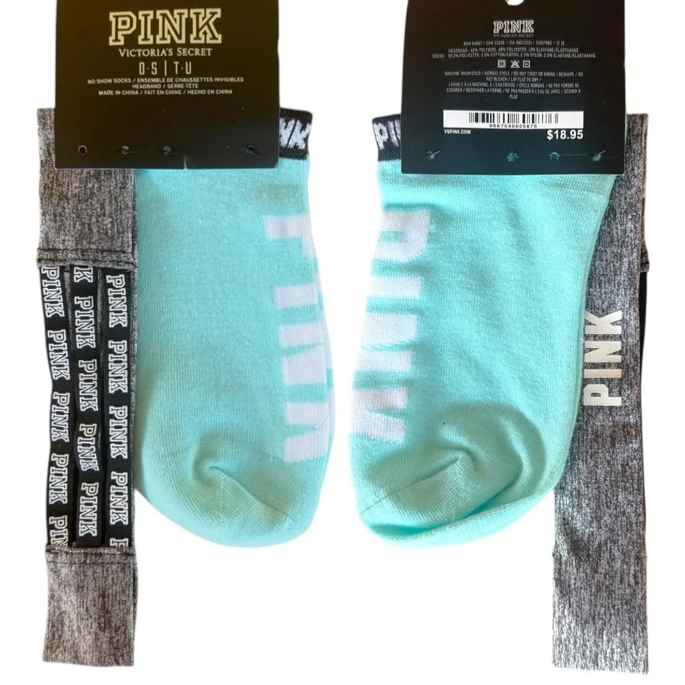 PINK VICTORIA’S SECRET SET *GRAY LOGO HEADBAND & NO-SHOW ANKLE SOCKS, NWT, NEW